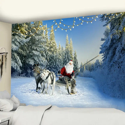Festive santa sleigh christmas god deer tapestry bedroom wall decor