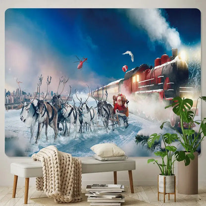 Festive santa sleigh christmas god deer tapestry bedroom wall decor