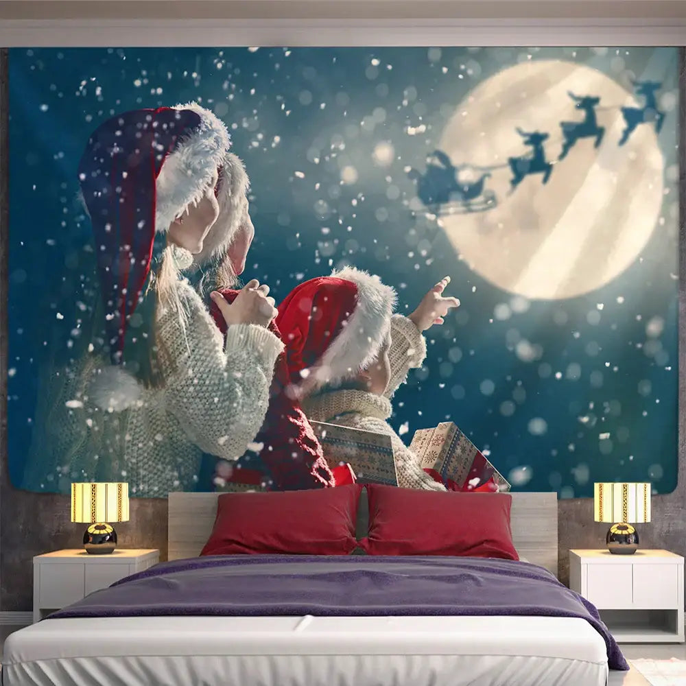 Festive santa sleigh christmas god deer tapestry bedroom wall decor