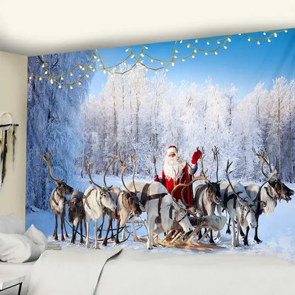 Festive santa sleigh christmas god deer tapestry bedroom wall decor
