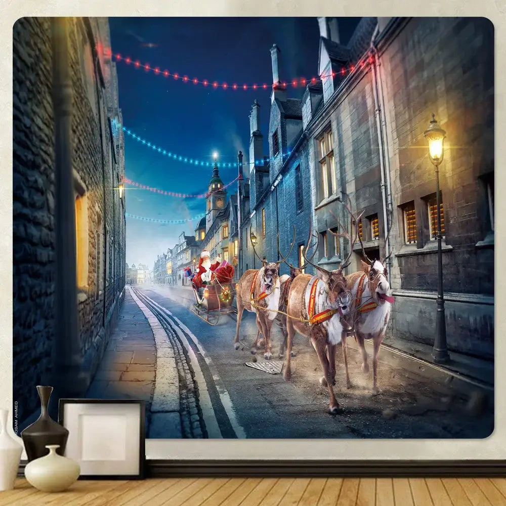 Festive santa sleigh christmas god deer tapestry bedroom wall decor