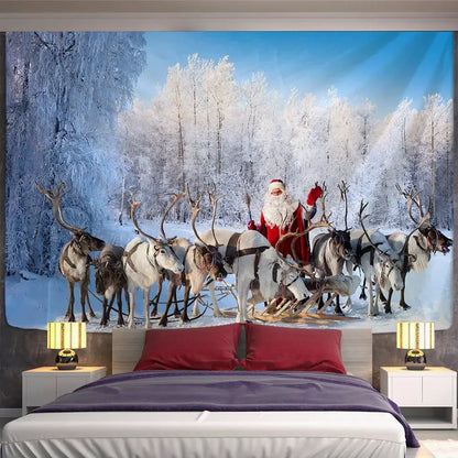 Festive santa sleigh christmas god deer tapestry bedroom wall decor
