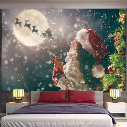 Festive santa sleigh christmas god deer tapestry bedroom wall decor