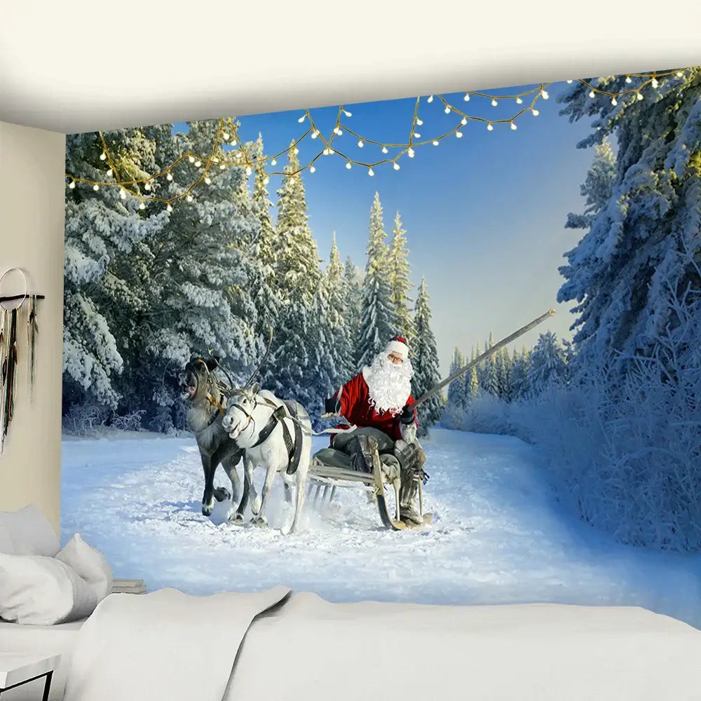 Festive santa sleigh christmas god deer tapestry bedroom wall decor