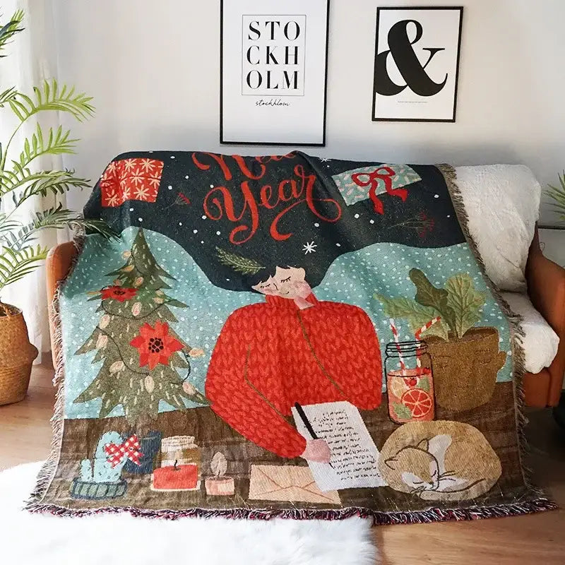 Teal christmas holiday sofa blanket living room poinsettia throw