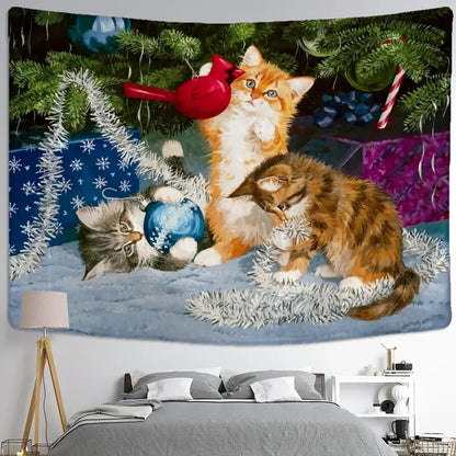 Christmas kitten snowman tapestry bedroom holiday wall hanging