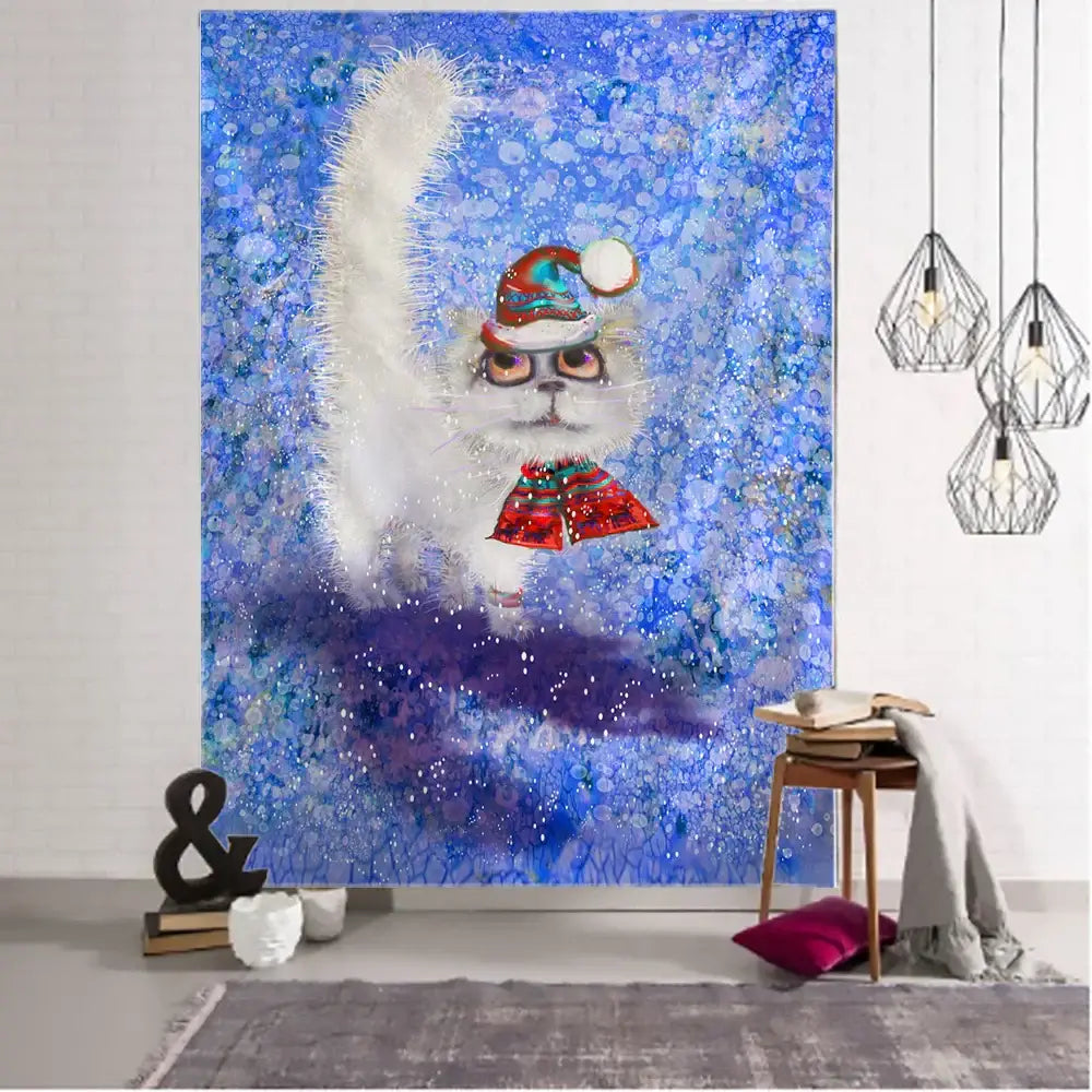 Christmas kitten snowman tapestry bedroom holiday wall hanging