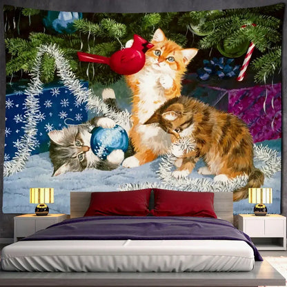 Christmas kitten snowman tapestry bedroom holiday wall hanging