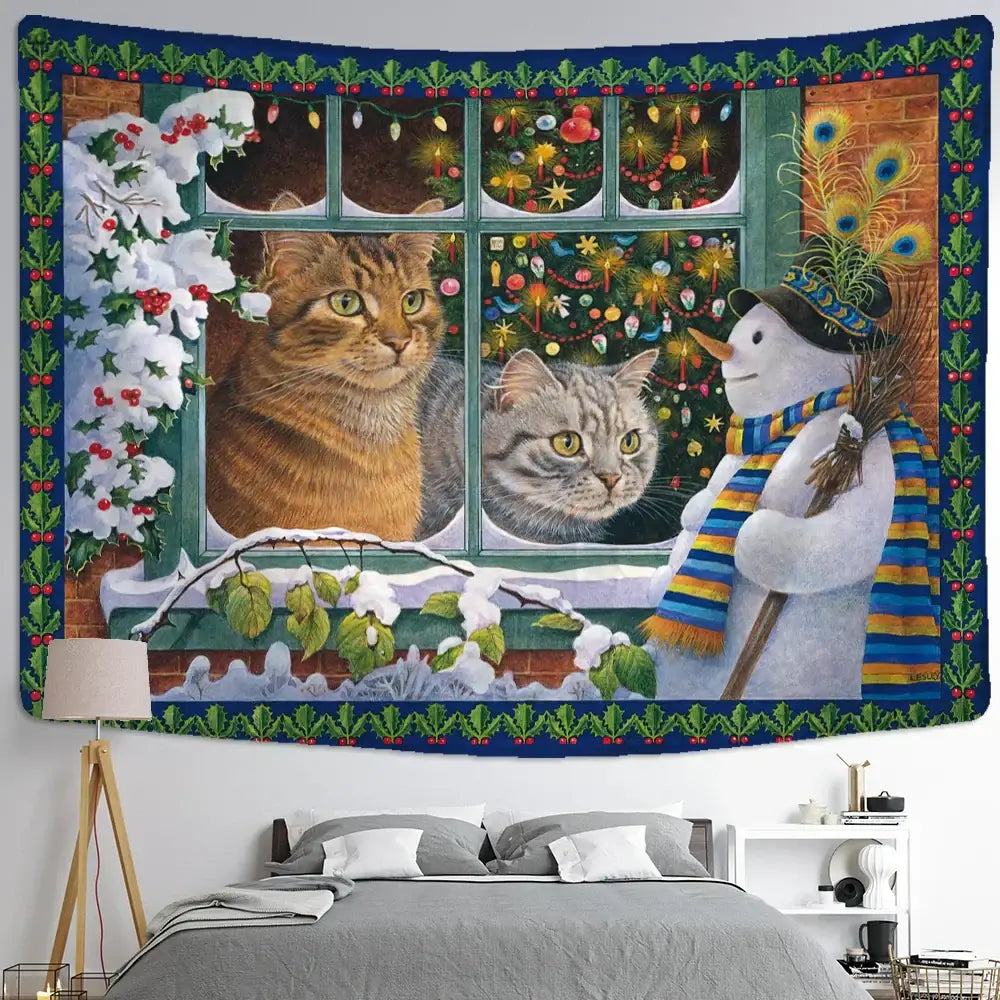 Christmas kitten snowman tapestry bedroom holiday wall hanging