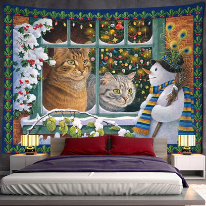 Christmas kitten snowman tapestry bedroom holiday wall hanging
