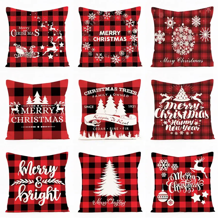 Red and black plaid christmas linen cushion cover living room decor
