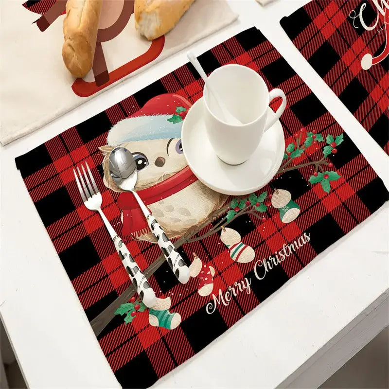 Festive red & black plaid christmas linen dining table mats set of 6