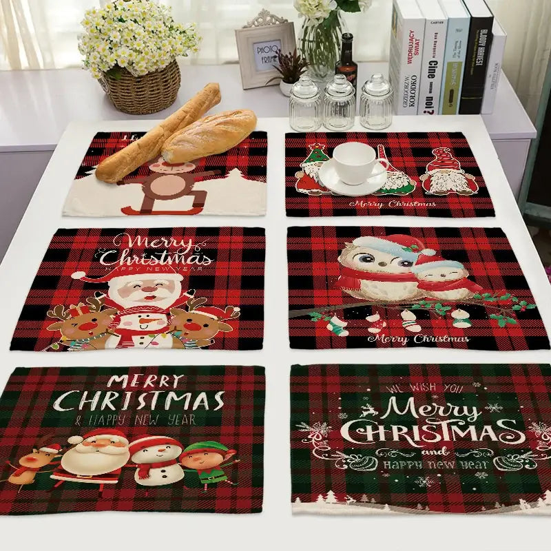 Festive red & black plaid christmas linen dining table mats set of 6