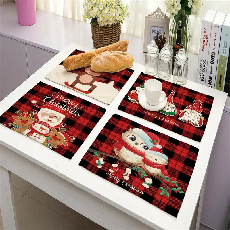 Festive red & black plaid christmas linen dining table mats set of 6