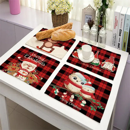 Festive red & black plaid christmas linen dining table mats set of 6