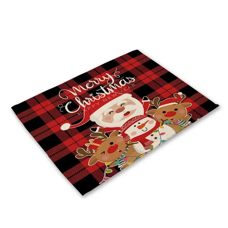Festive red & black plaid christmas linen dining table mats set of 6