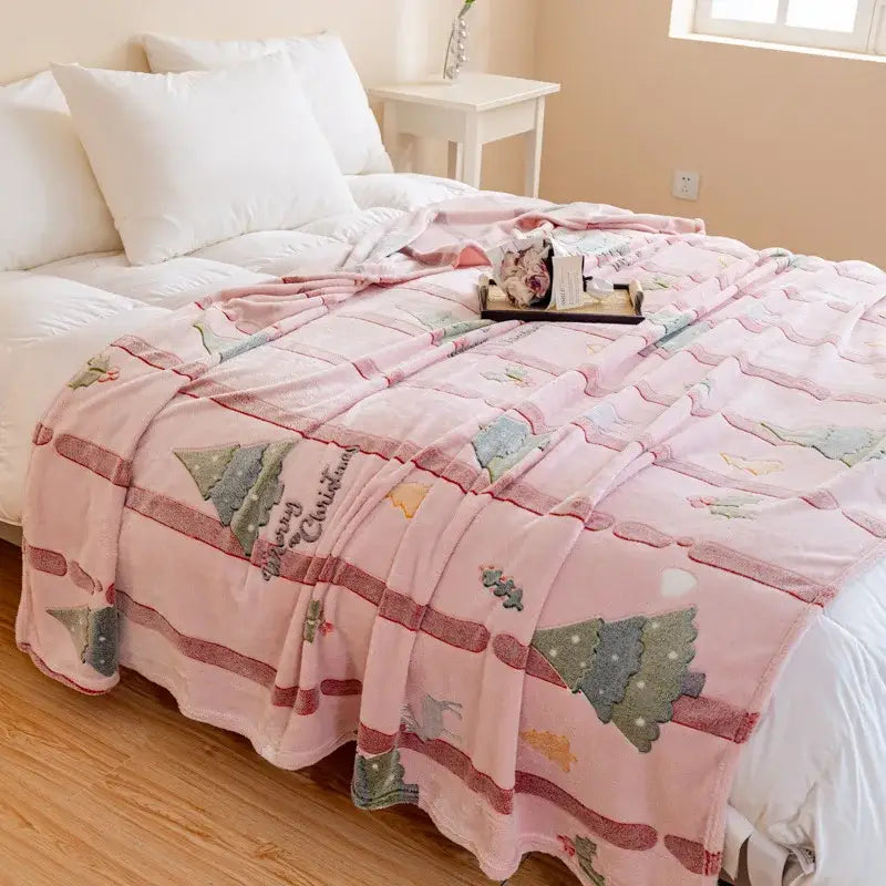 Festive pink christmas pattern printed soft blanket bedroom throw