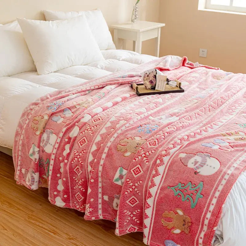 Festive pink christmas pattern printed soft blanket bedroom throw