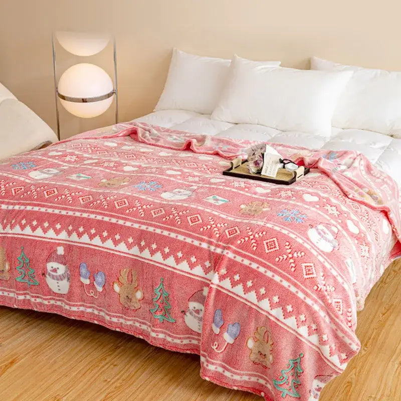 Festive pink christmas pattern printed soft blanket bedroom throw