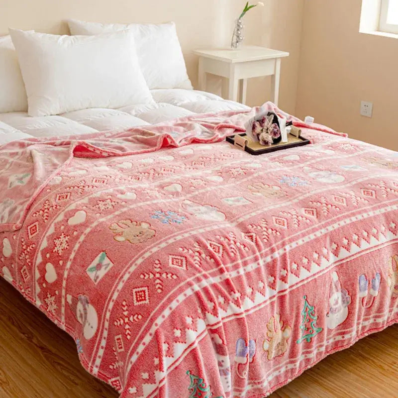 Festive pink christmas pattern printed soft blanket bedroom throw