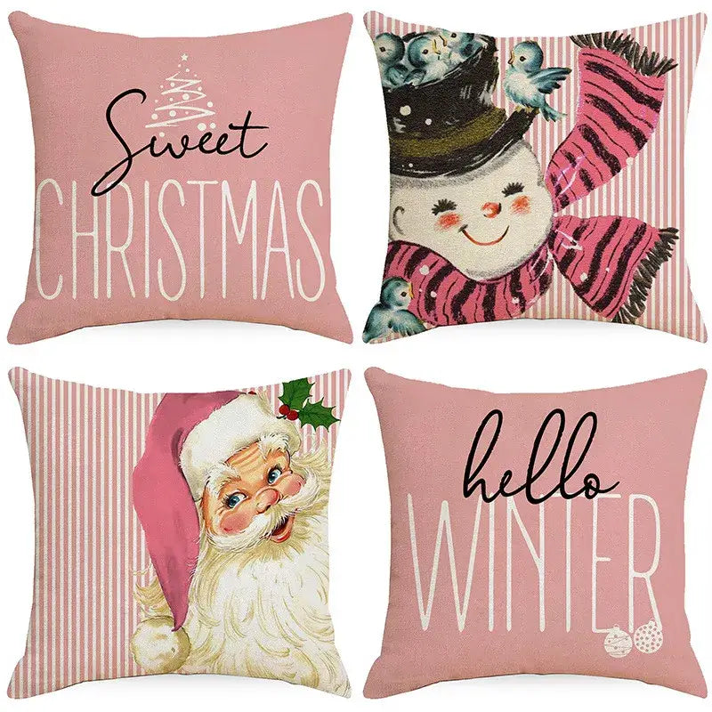 Vintage santa claus and snowman print pillowcase set living room decor