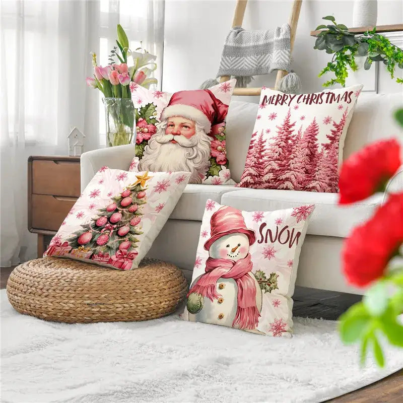 Vintage santa claus and snowman print pillowcase set living room decor