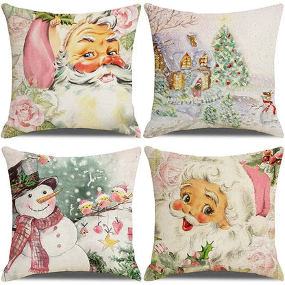 Vintage santa claus and snowman print pillowcase set living room decor