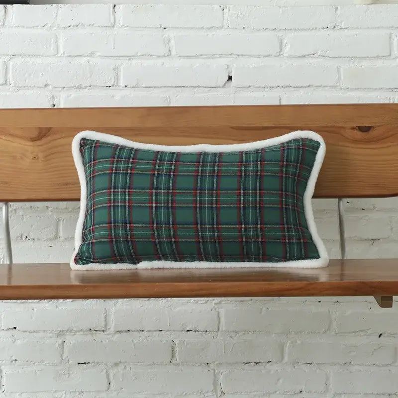 Green and white christmas plaid cotton cushion cover living room