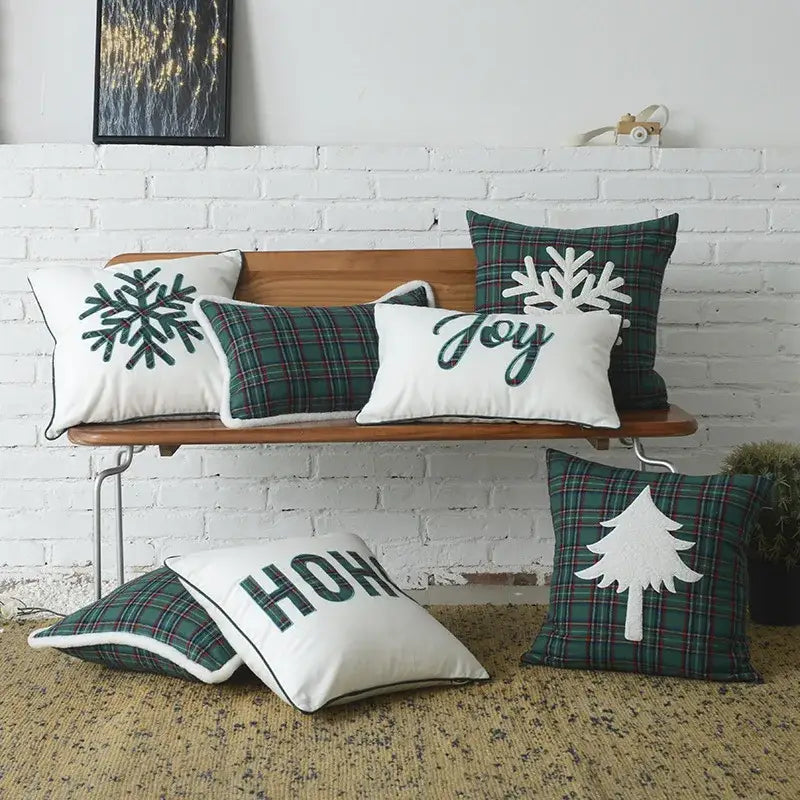 Green & white plaid cotton cushion cover living room snowflake decor