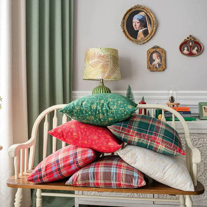 Festive plaid cushion cover with gold snowflakes living room decor