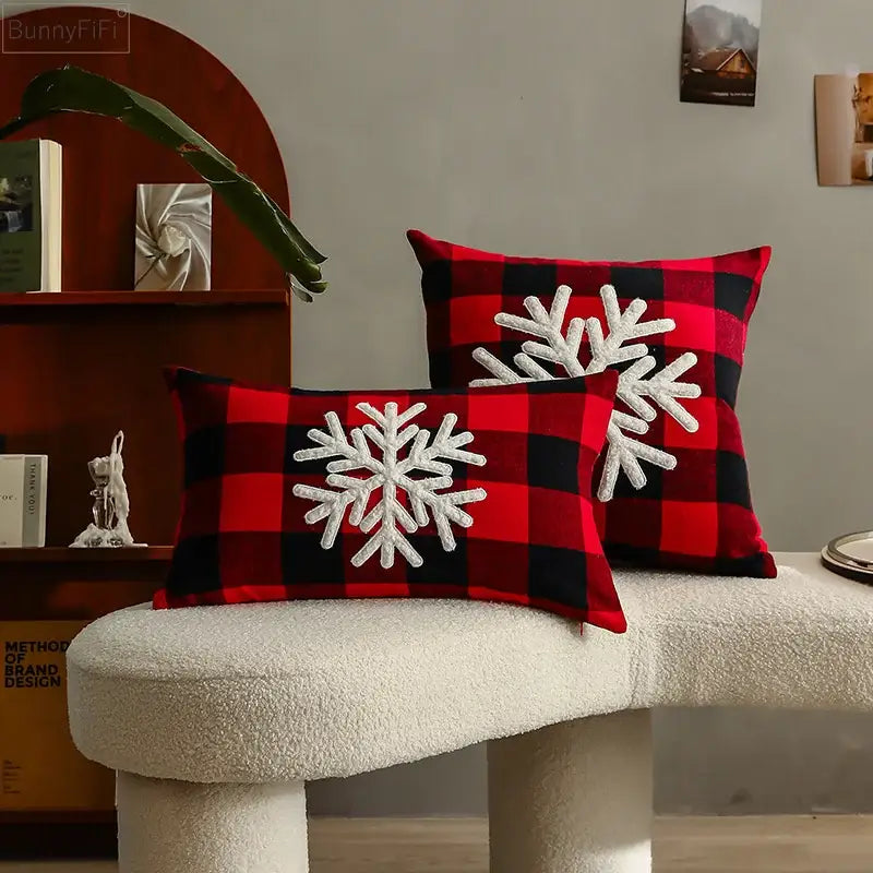 Snowflake red & black plaid cushion cover living room decor