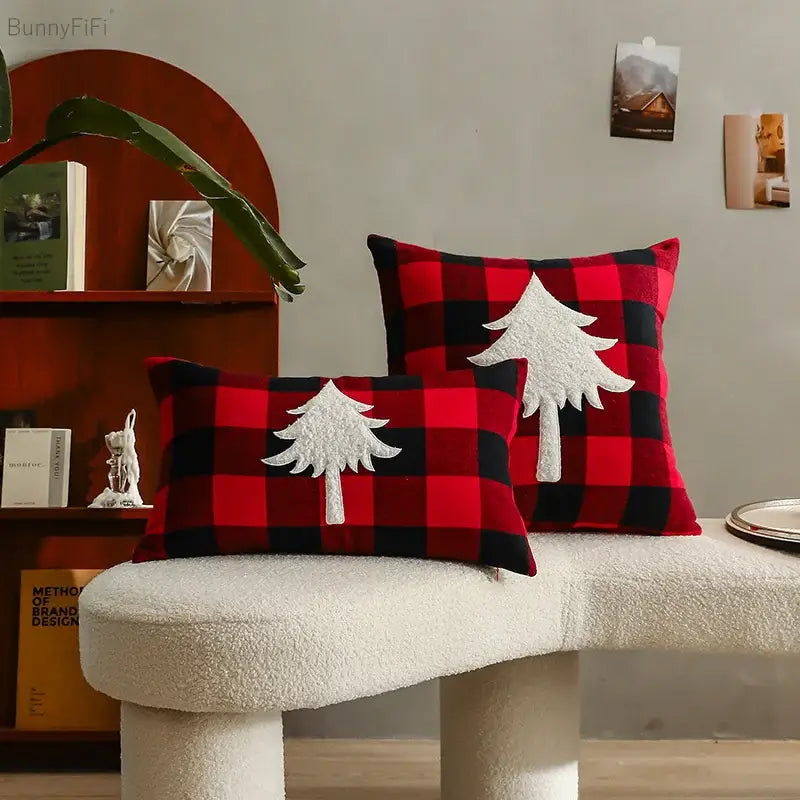 Snowflake red & black plaid cushion cover living room decor