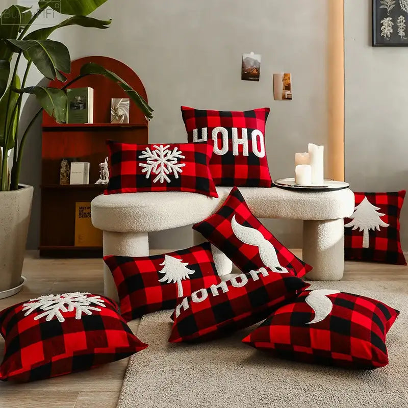 Snowflake red & black plaid cushion cover living room decor