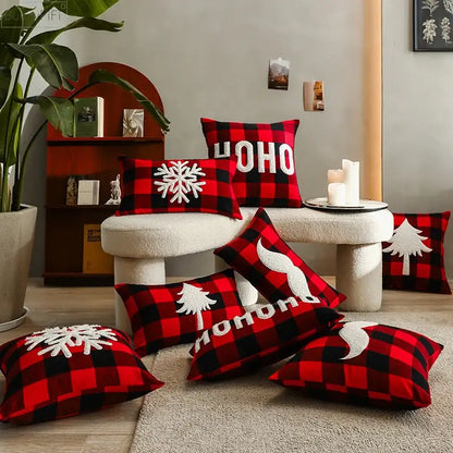 Snowflake red & black plaid cushion cover living room decor