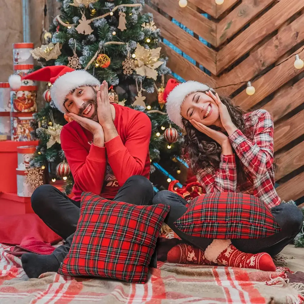 Navy & red christmas plaid pillow covers living room decor