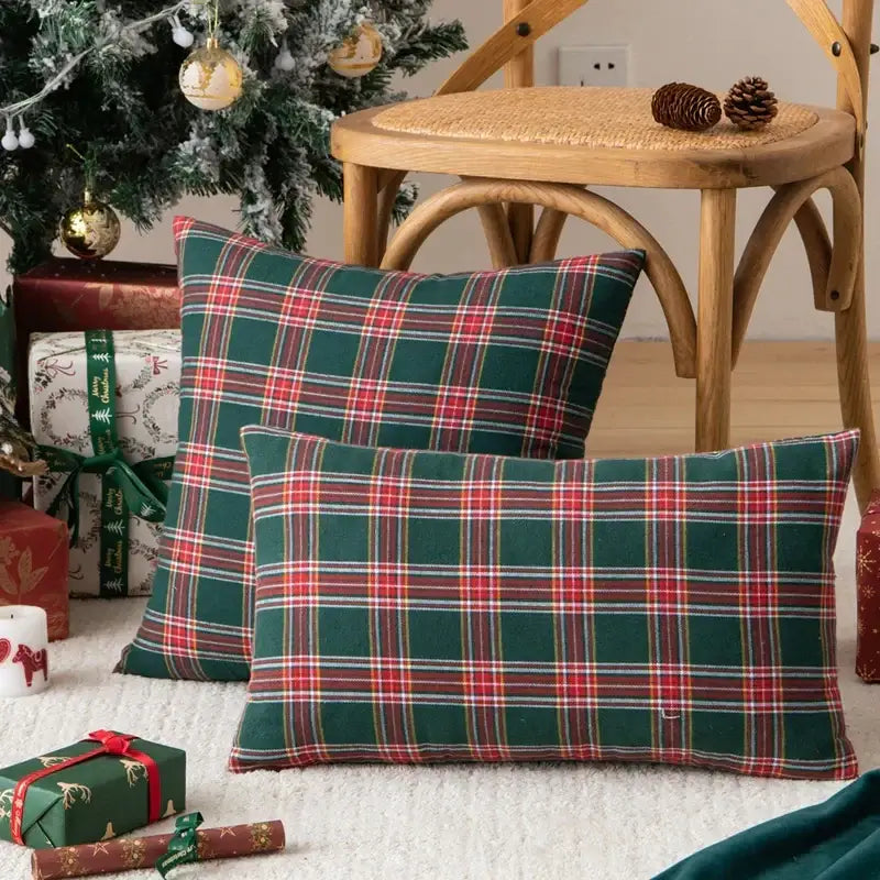 Navy & red christmas plaid pillow covers living room decor