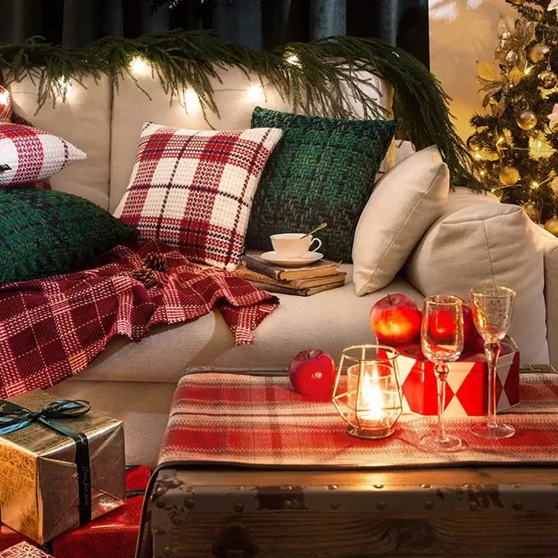 Festive red & white plaid weave cushion cover living room decor