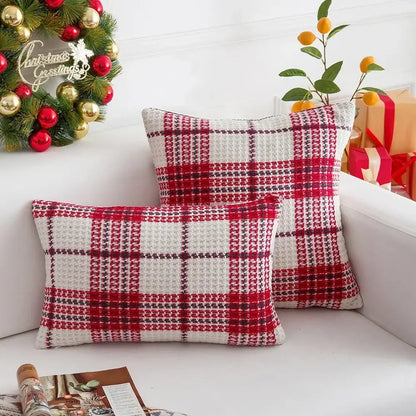 Festive red & white plaid weave cushion cover living room decor