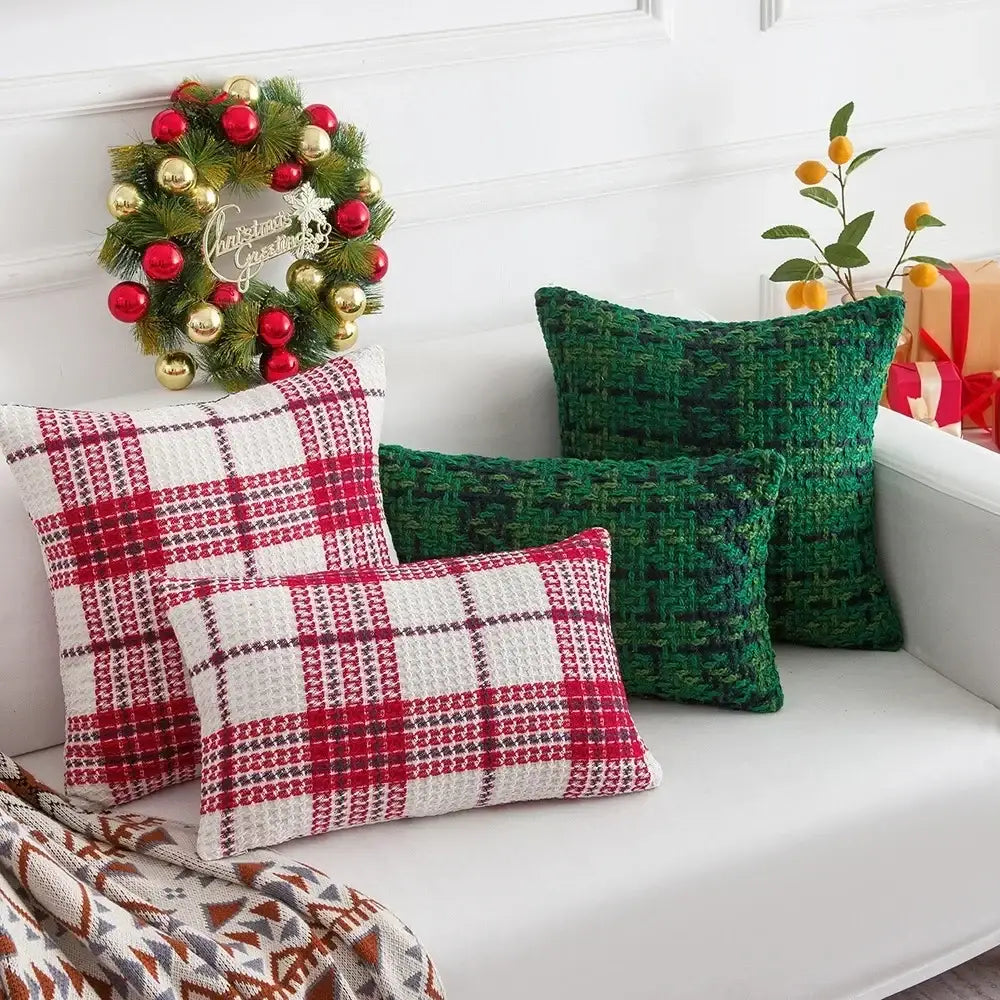 Festive red & white plaid weave cushion cover living room decor