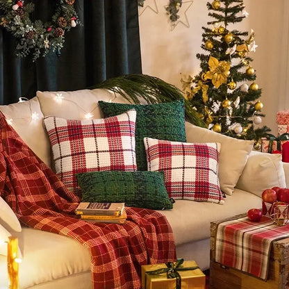 Festive red & white plaid weave cushion cover living room decor