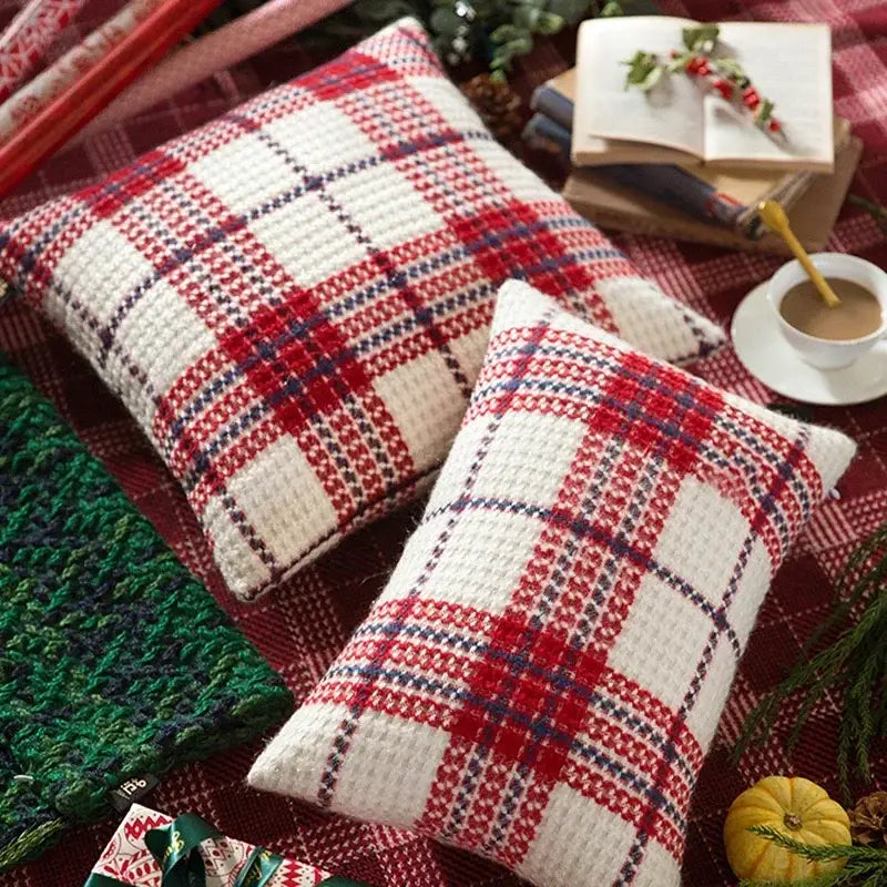 Festive red & white plaid weave cushion cover living room decor