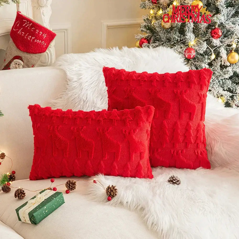 Red and green floral christmas plush pillow case set living room