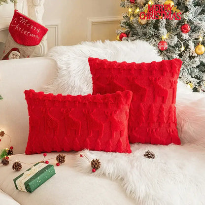 Red and green floral christmas plush pillow case set living room
