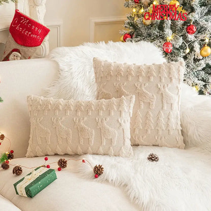 Red and green floral christmas plush pillow case set living room