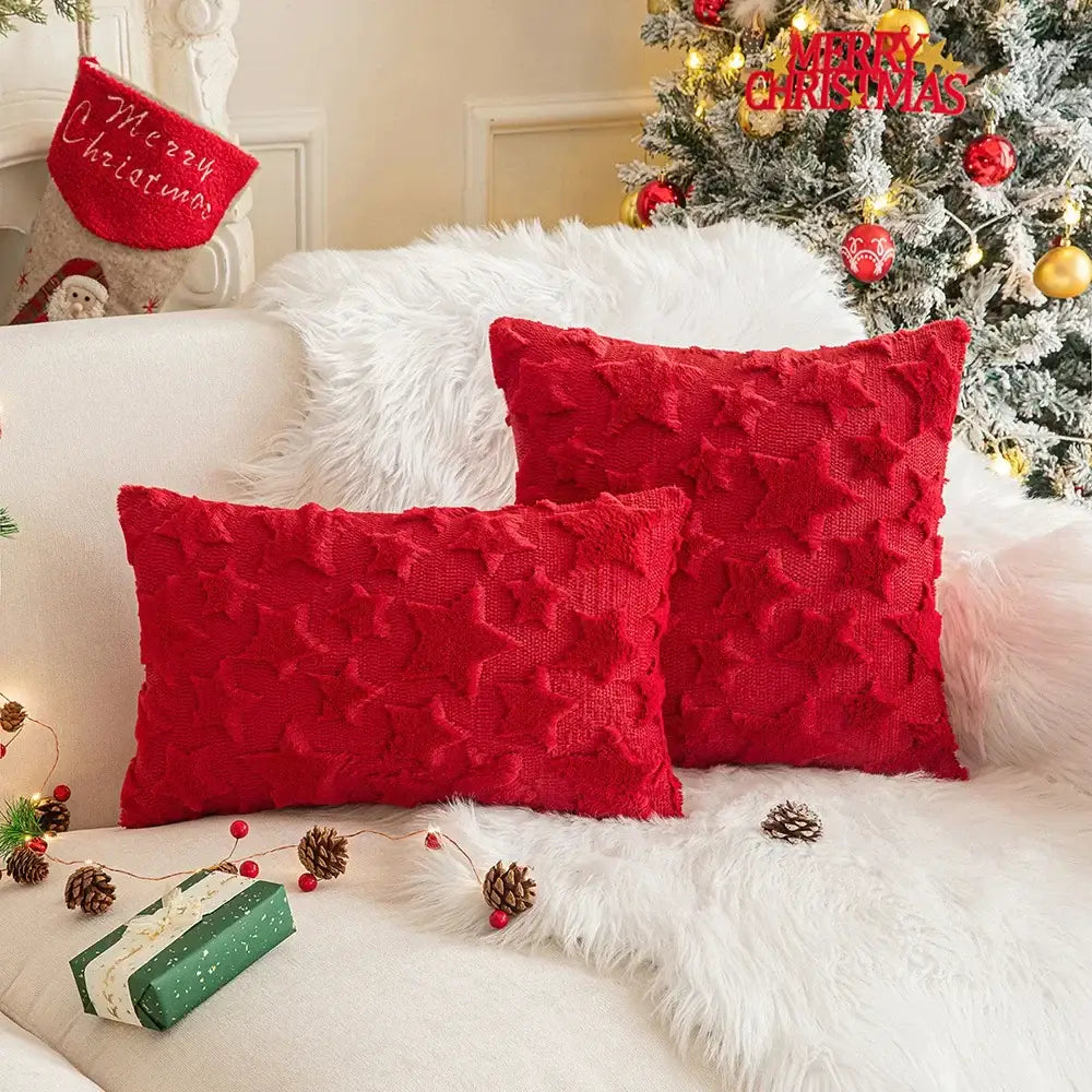 Red and green floral christmas plush pillow case set living room