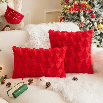 Red and green floral christmas plush pillow case set living room