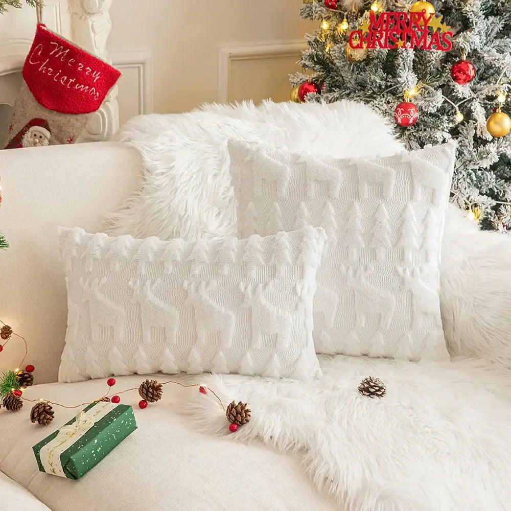 Red and green floral christmas plush pillow case set living room