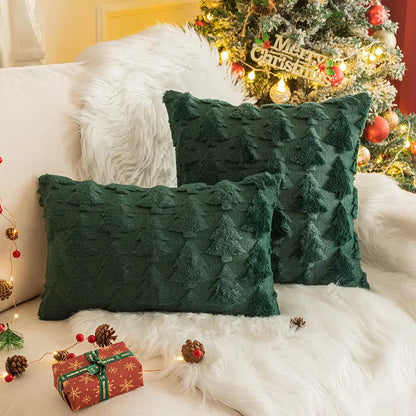 Textured white & dark green christmas plush pillowcase living room
