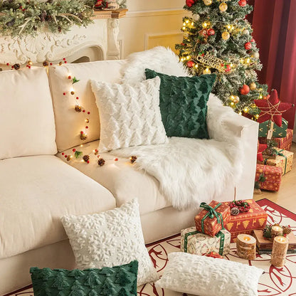 Textured white & dark green christmas plush pillowcase living room
