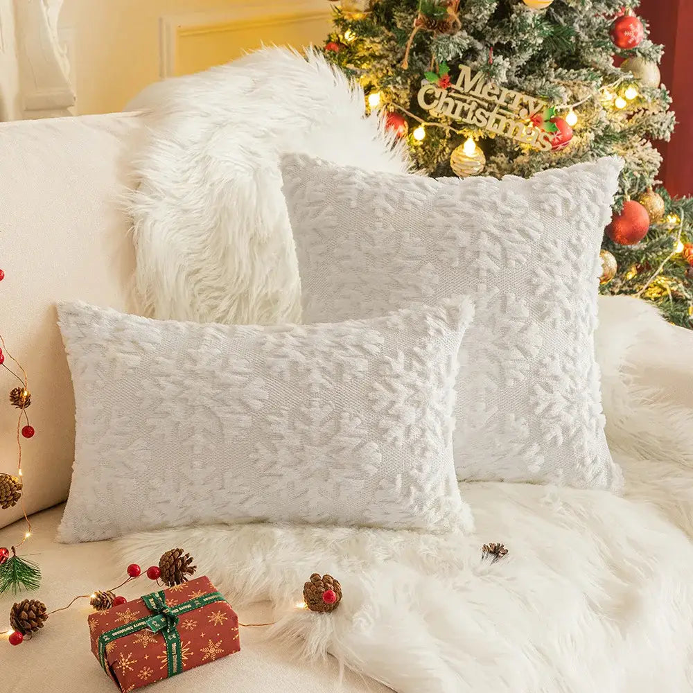 Textured white & dark green christmas plush pillowcase living room